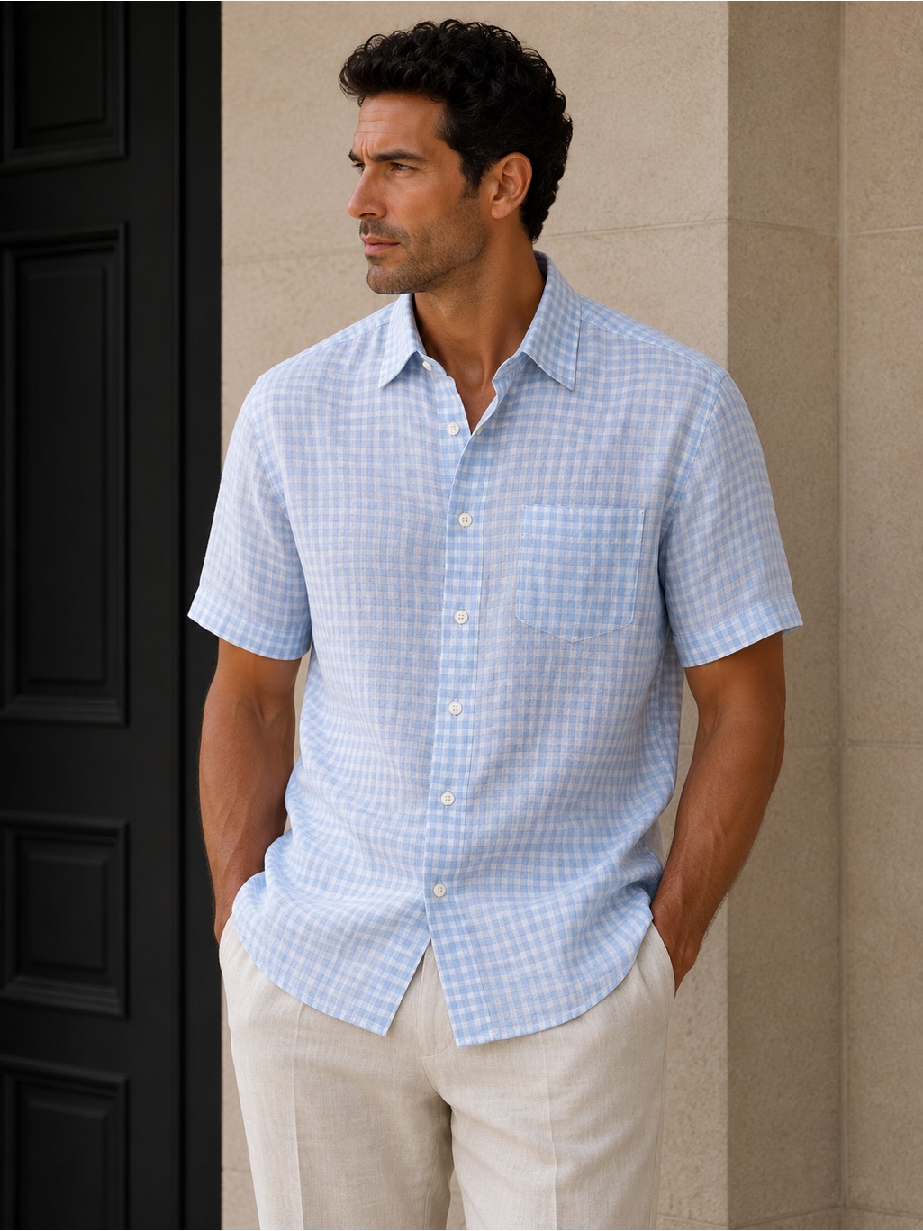 Ermenegildo Zegna Linen Light Blue Checked Short-Sleeve Button-Down Shirt